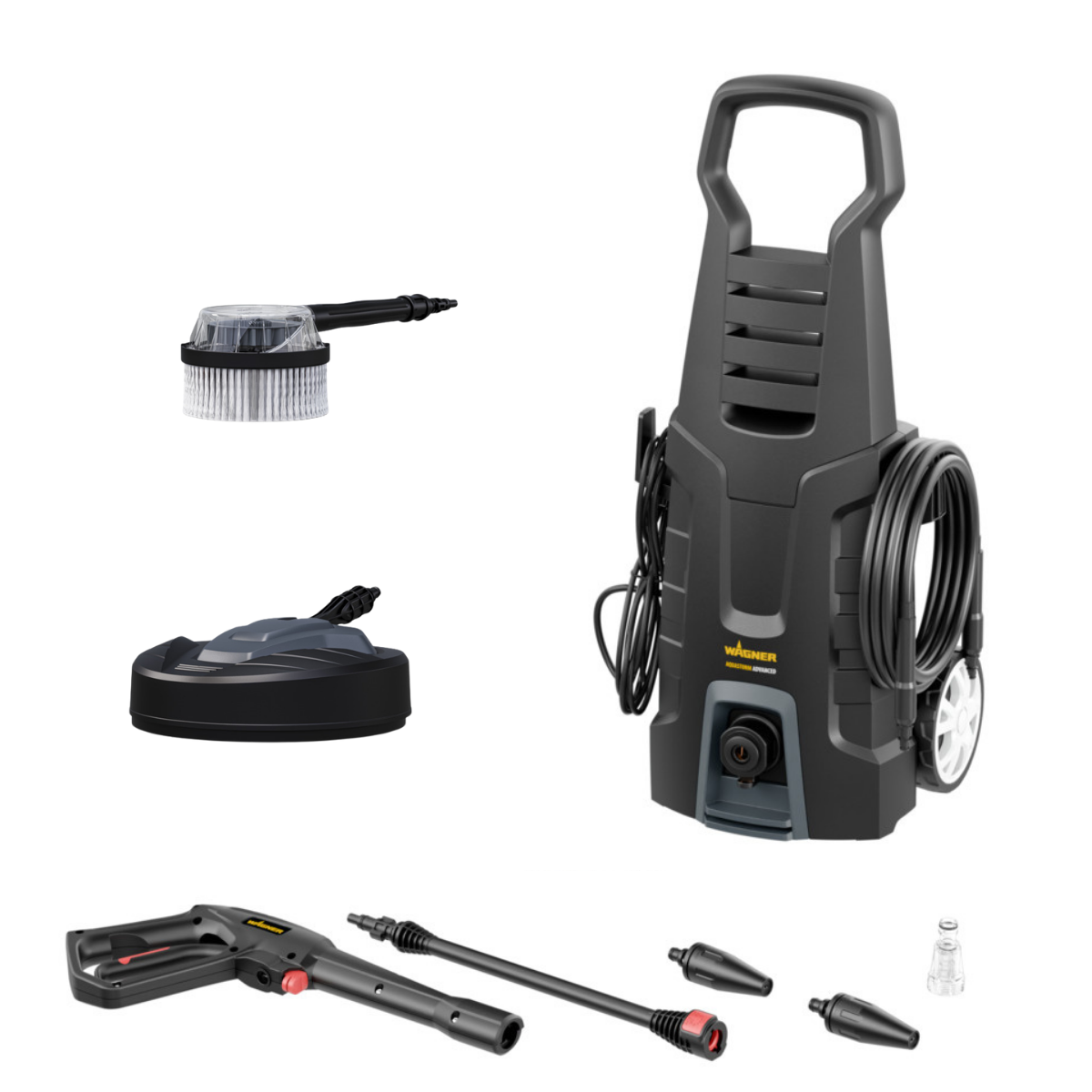AQUASTORM Advanced Hochdruckreiniger - 135 bar, 1700W, Oberflächenreiniger, Rotationsbürste, 2x Düsen, 5m Schlauch, Pistole, Lanze