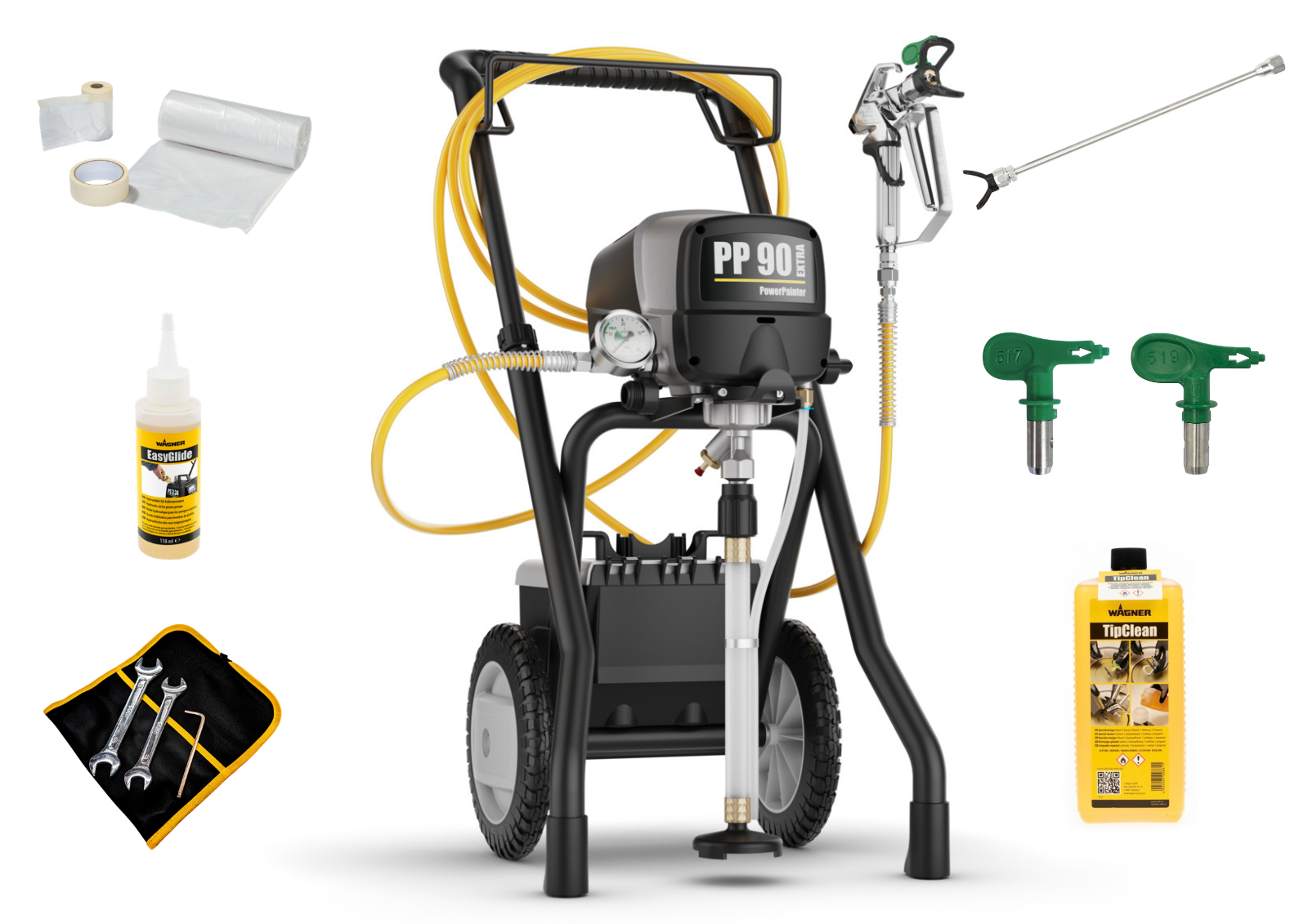 PowerPainter 90 Extra + D&uuml;senverl&auml;ngerung 50cm + D&uuml;se 519 + TipClean +  3x Abklebe-Set