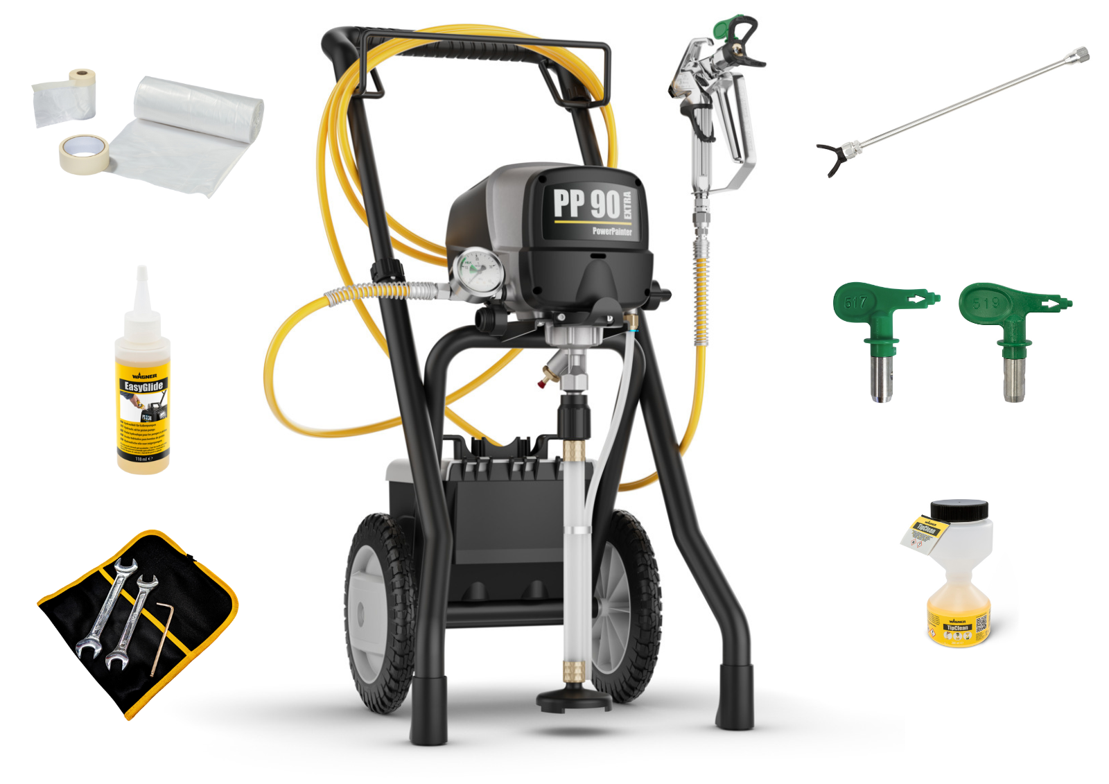 PowerPainter 90 Extra + Düsenverlängerung 50cm + Düse 519 + TipClean +  3x Abklebe-Set