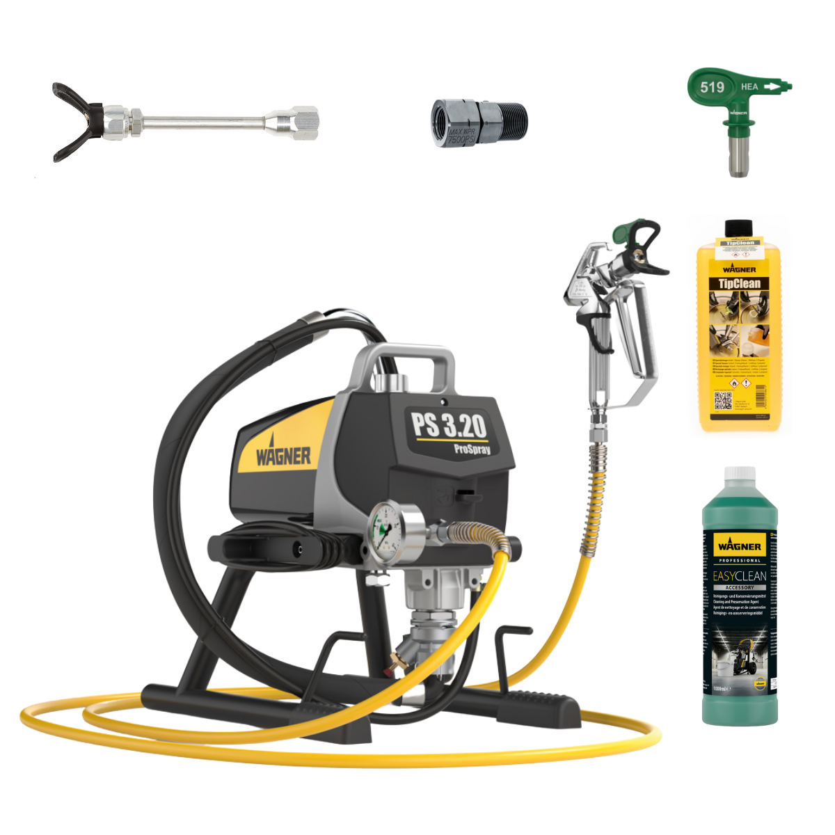 Wagner ProSpray 3.20 HEA Airless + D&uuml;senverl&auml;ngerung 12,5cm + D&uuml;se 519 + FlexTwist S + TipClean + EasyClean 