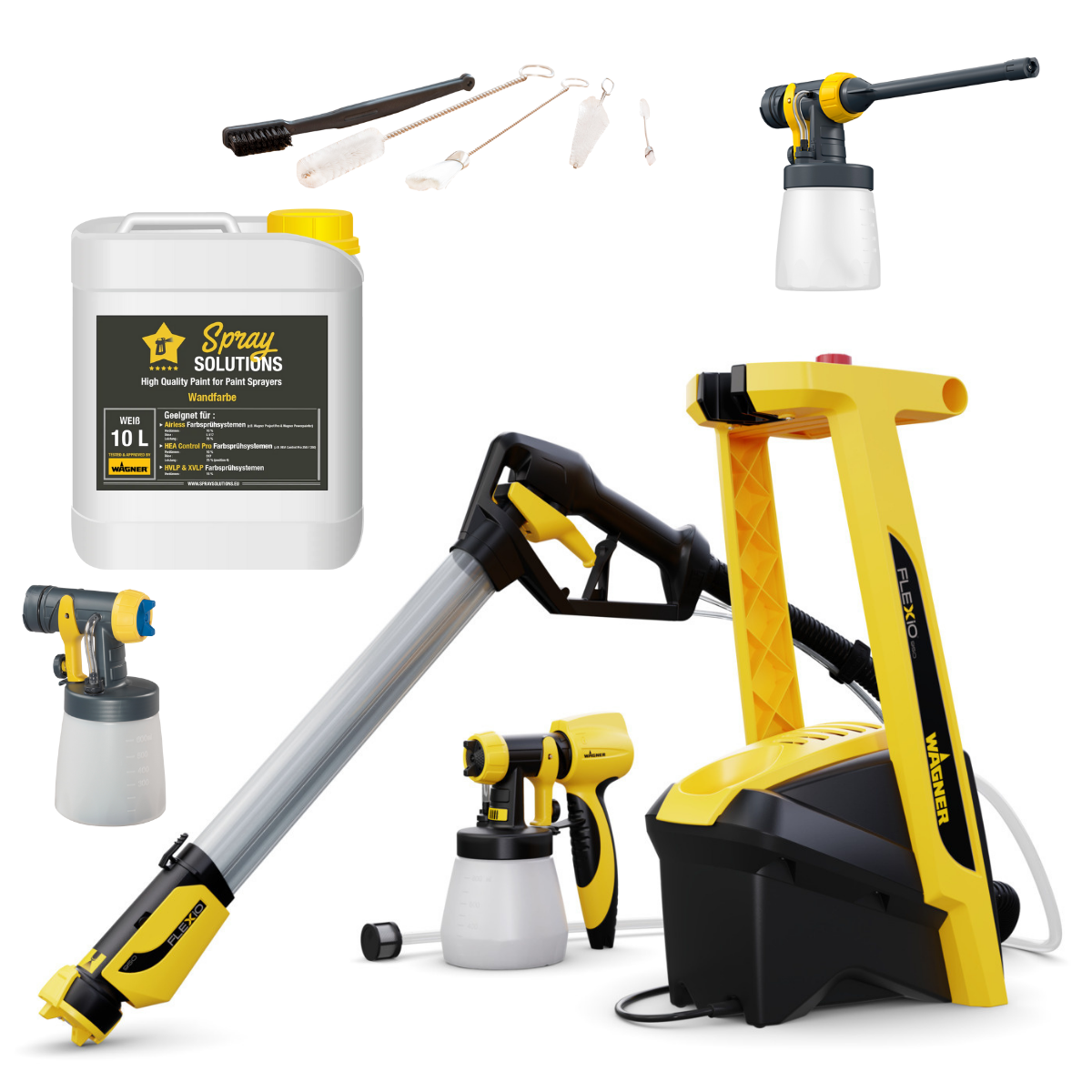 Wagner Universal Sprayer W 950 FLEXiO + Aufsatz Extra Billiant und Corner & Reach + Reinigungsset + 10l Wandfarbe wei&szlig;